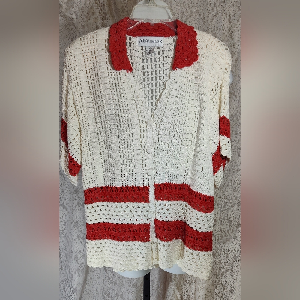 Victoria Harbour Crochet Cardigan Tomato Red andCream Sweater